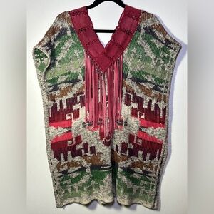 RARE Cecilia Prado Tribal Boho Snap-Side Fringe Kimono Knit Poncho